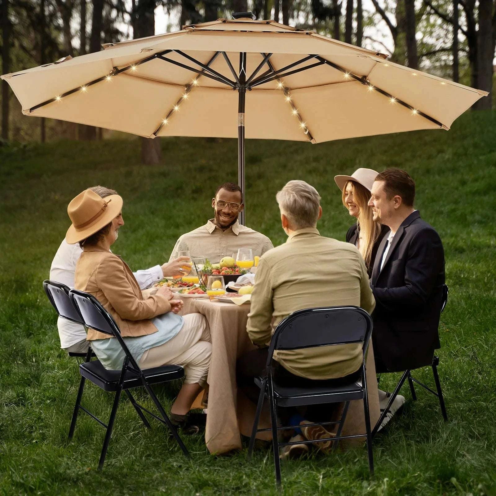 10FT Outdoor Patio Umbrella with Solar LED Lights & Tilt-Dark Khaki / United States