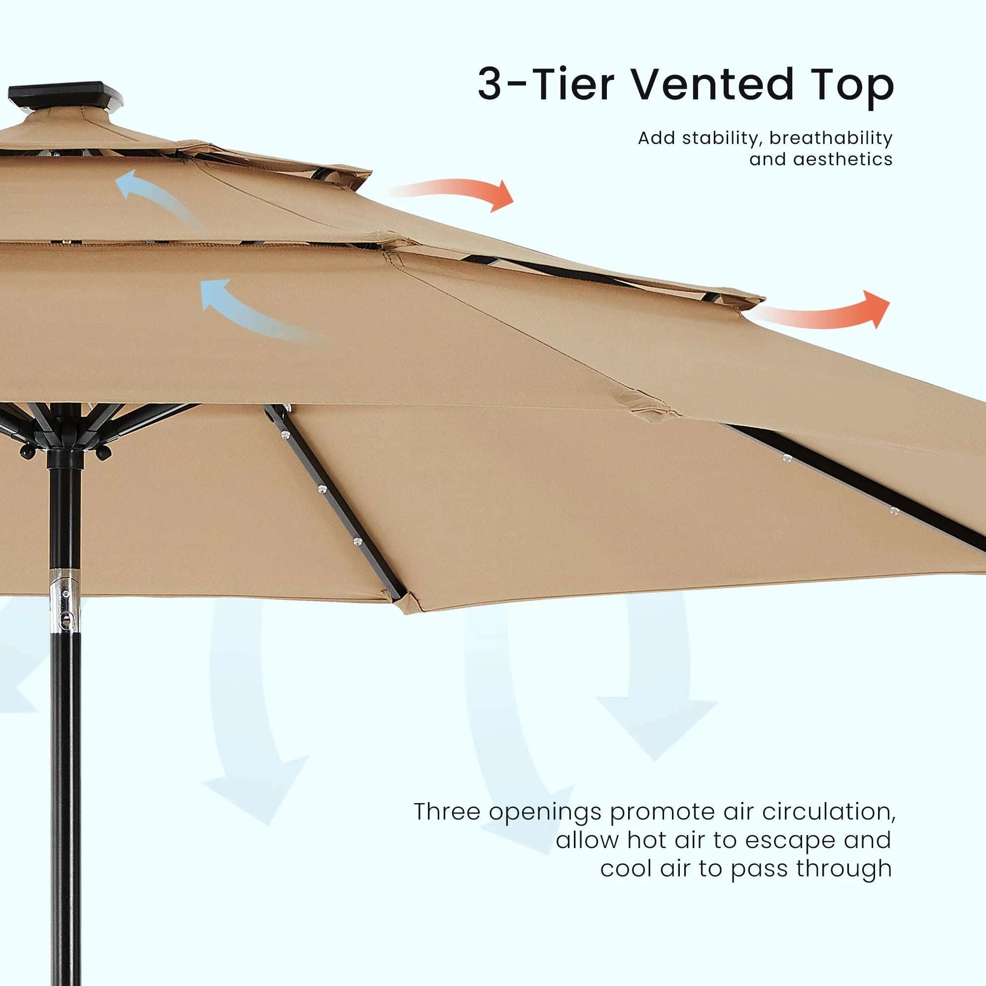 10FT Outdoor Patio Umbrella with Solar LED Lights & Tilt-Dark Khaki / United States