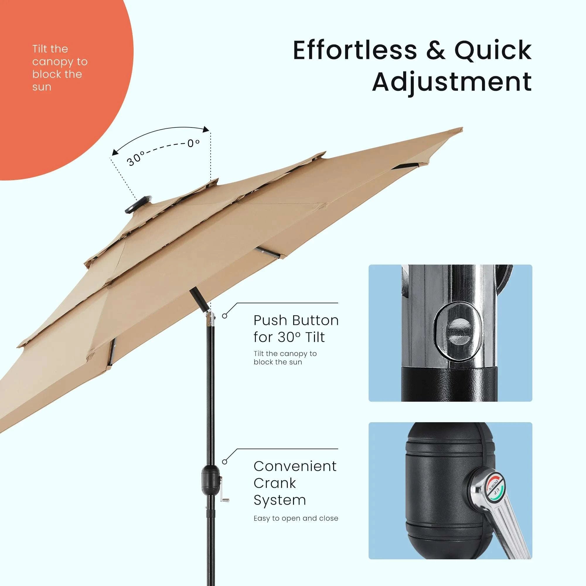 10FT Outdoor Patio Umbrella with Solar LED Lights & Tilt-Dark Khaki / United States