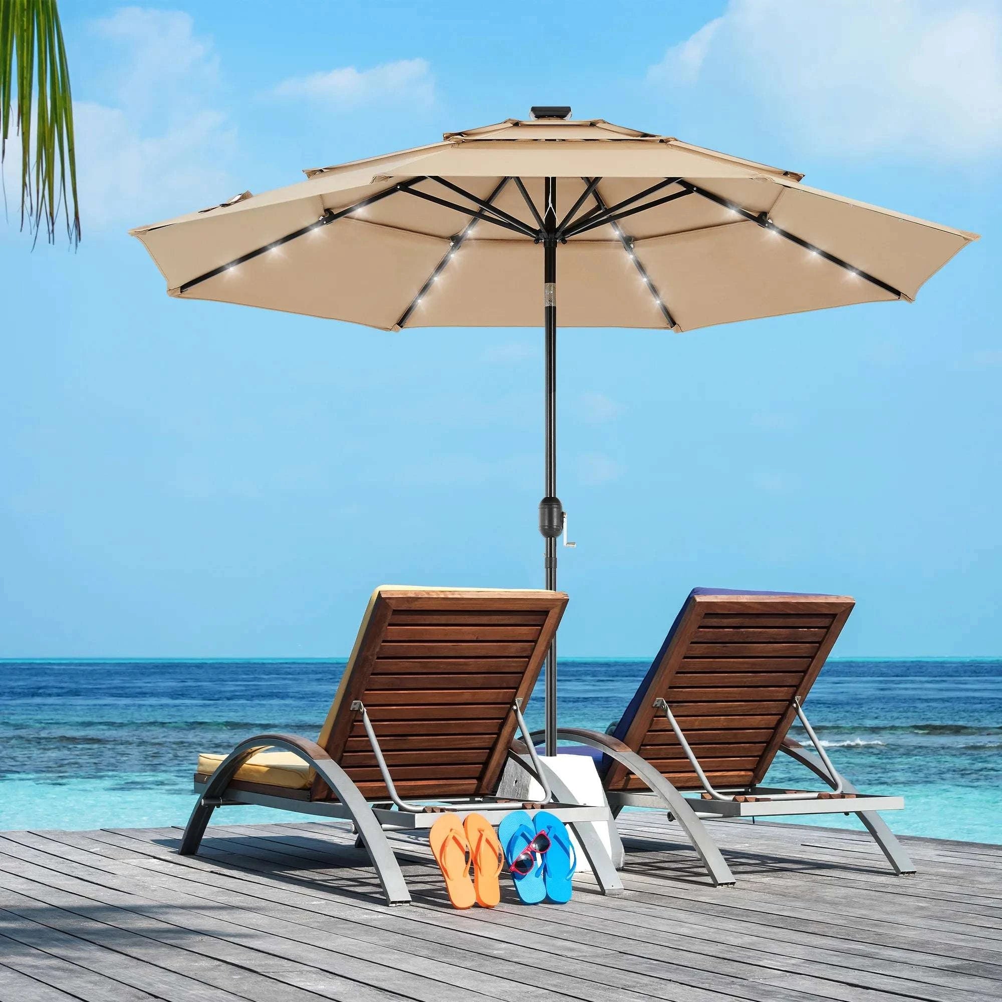 10FT Outdoor Patio Umbrella with Solar LED Lights & Tilt-Dark Khaki / United States