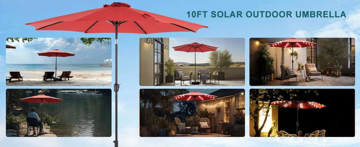 10FT Solar Patio Umbrella with 32 LED Lights Tilt & Crank-BLUE / United States