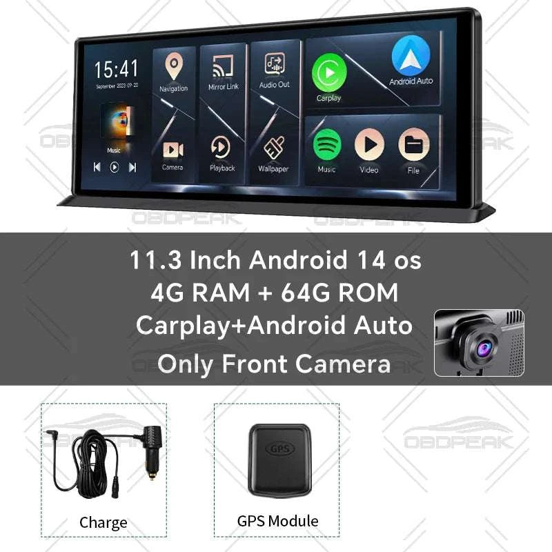11.3" Android 14 Car Mirror Dash Cam with CarPlay, GPS & 1080P-K60 Pro-Single lens / With 128G TF Card