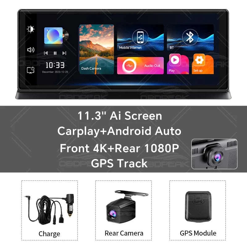 11.3 Inch 4K Car DVR Dash Cam with GPS and Dual Lens-Single Len / No TF Card