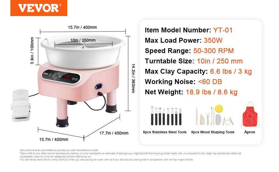 11-Inch Electric Pottery Wheel 450W with Foot Pedal Control-10in pink 350W / france