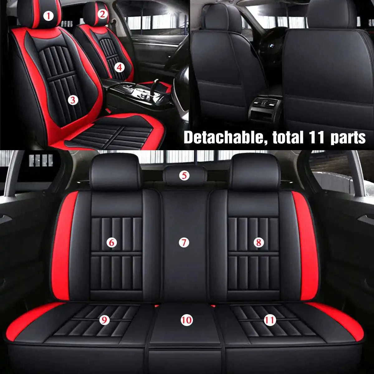 11-Piece 5-Seat PU Leather Car Seat Covers Set-Red / United States / Four Seasons|PU