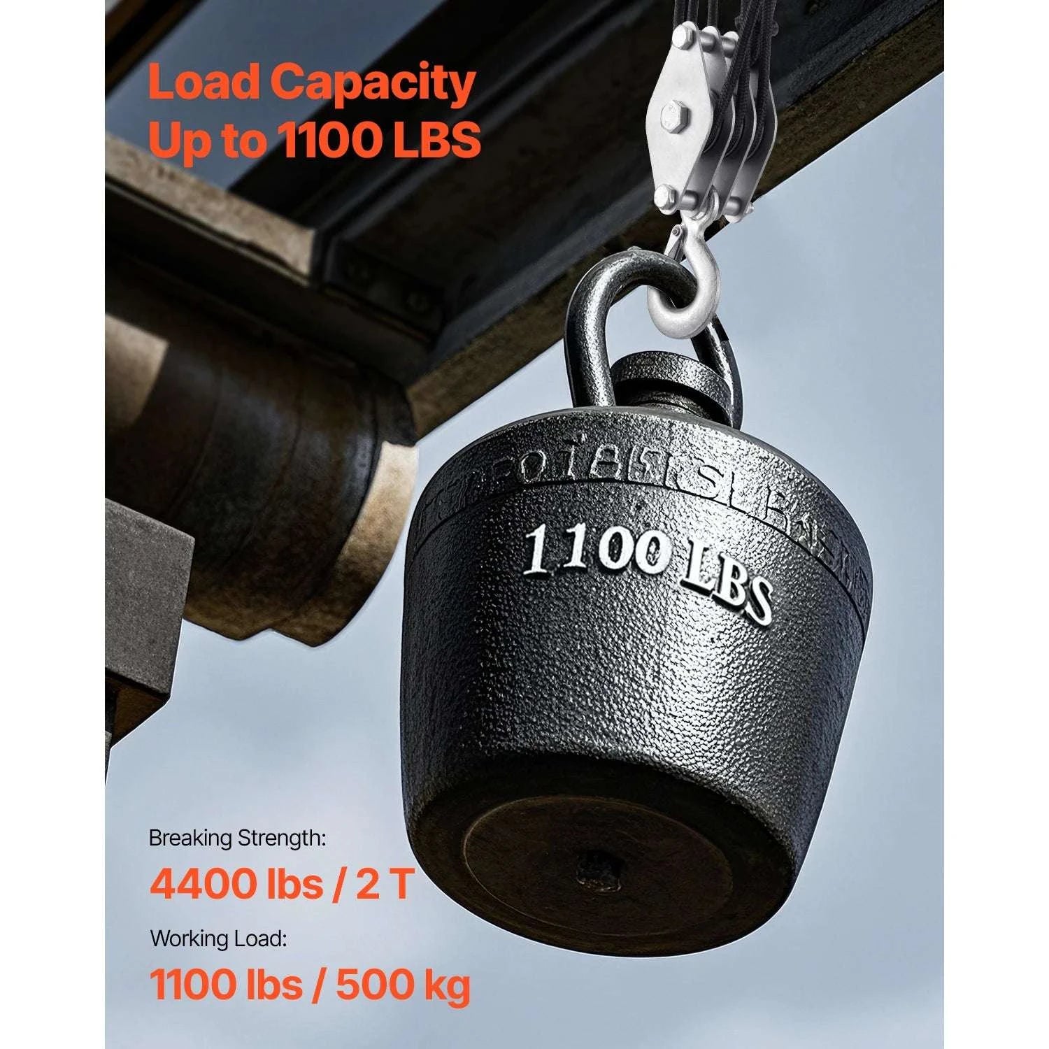 1100 lbs Manual Pulley Hoist with 100ft Rope & 5:1 Lifting Power-4400Lbs / United States