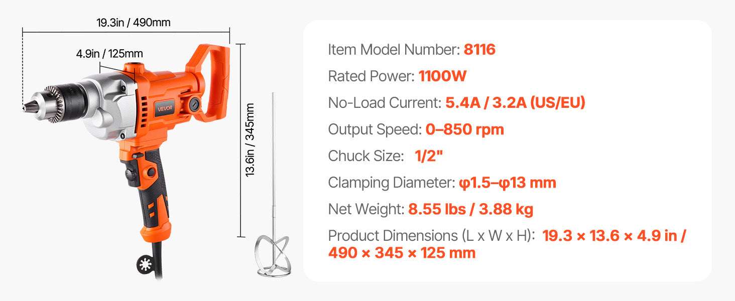 1100W Corded Drill Mixer with D-Handle & Variable Speed Control-1100W 15.89mm / spain