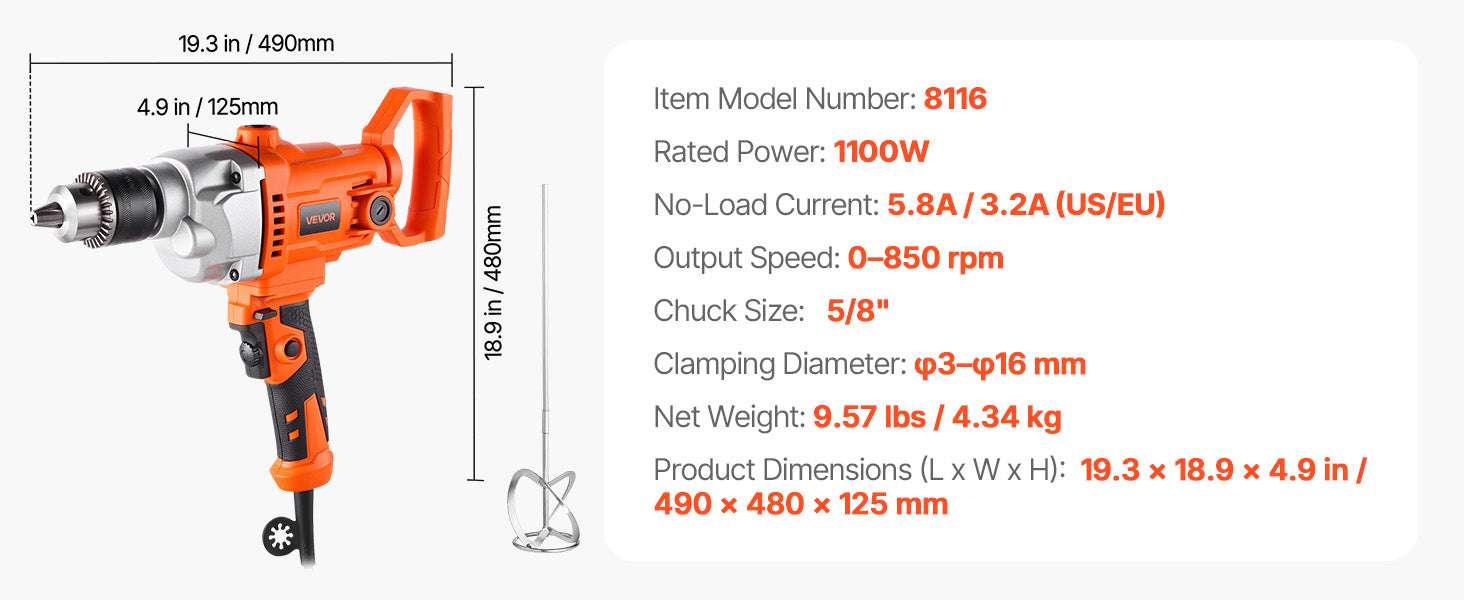 1100W Corded Drill Mixer with D-Handle & Variable Speed Control-1200W 15.89mm / United States