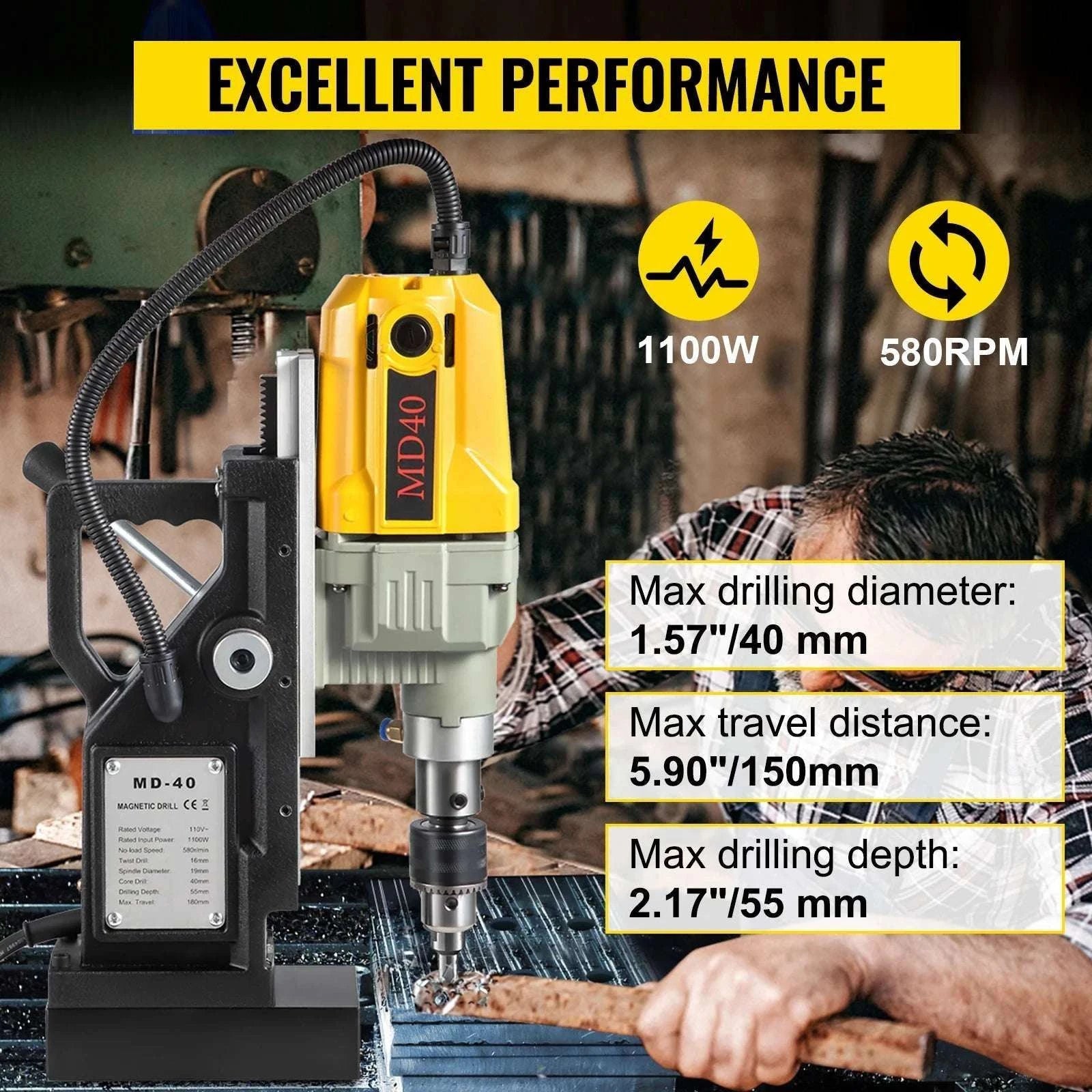 1100W Magnetic Drill Press with 12000N Base & 40mm Capacity-7 Bits / Mexico