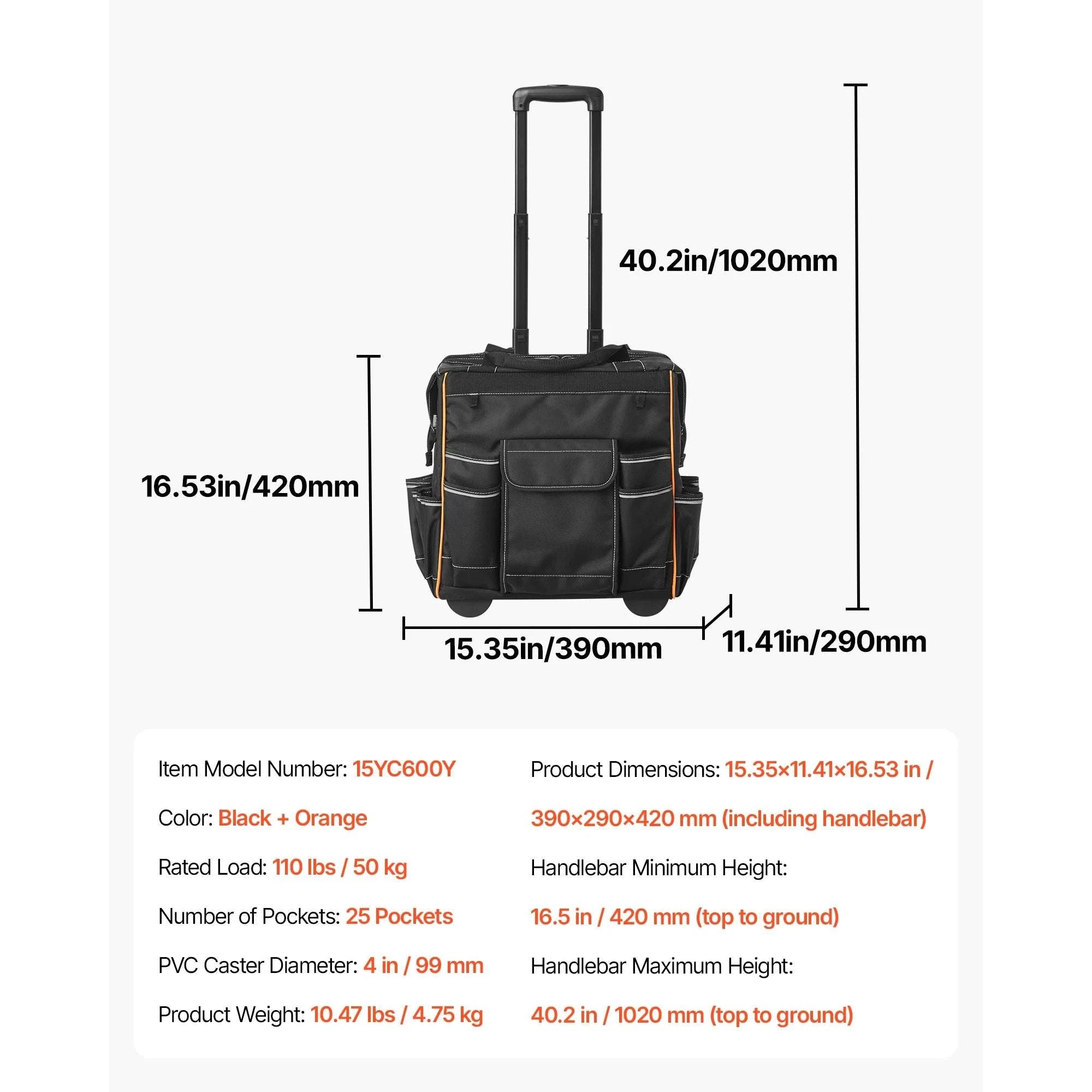 110L Rolling Tool Bag with Wheels, 25 Pockets & Telescoping Handle-18 in / United States