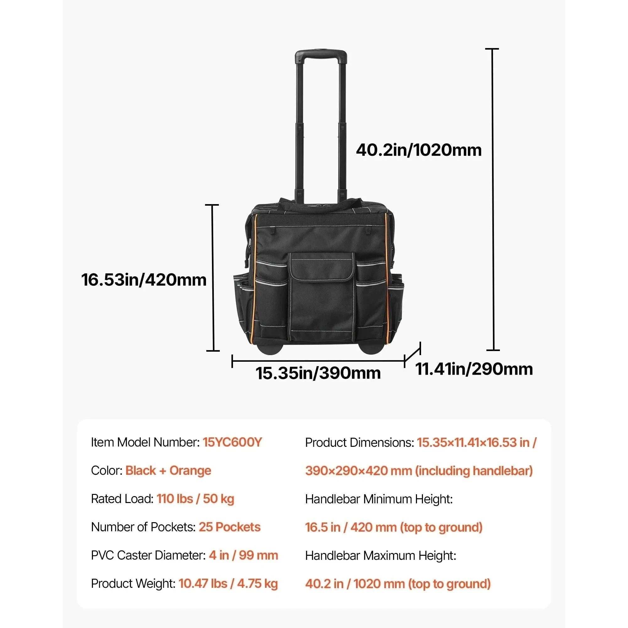 110L Rolling Tool Bag with Wheels, 25 Pockets & Telescoping Handle-18 in / United States