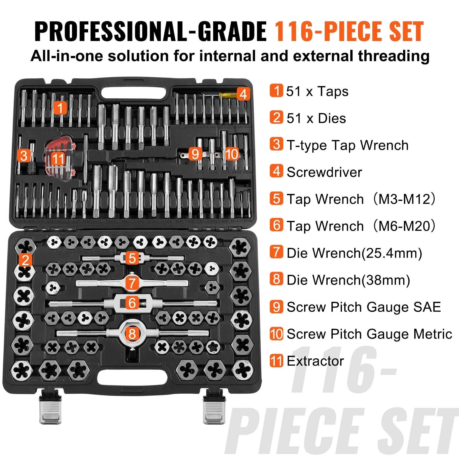 116‑Piece Tap and Die Set with Metric & SAE Threading Tools-116PCs Metric SAE / spain