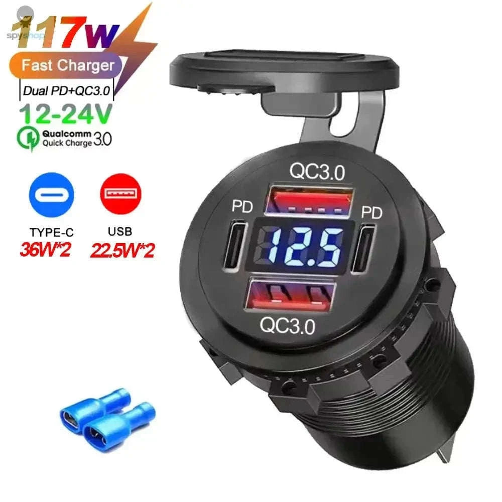 117W Dual PD3.0 & QC3.0 USB Car Charger with Voltmeter-117W with Wire