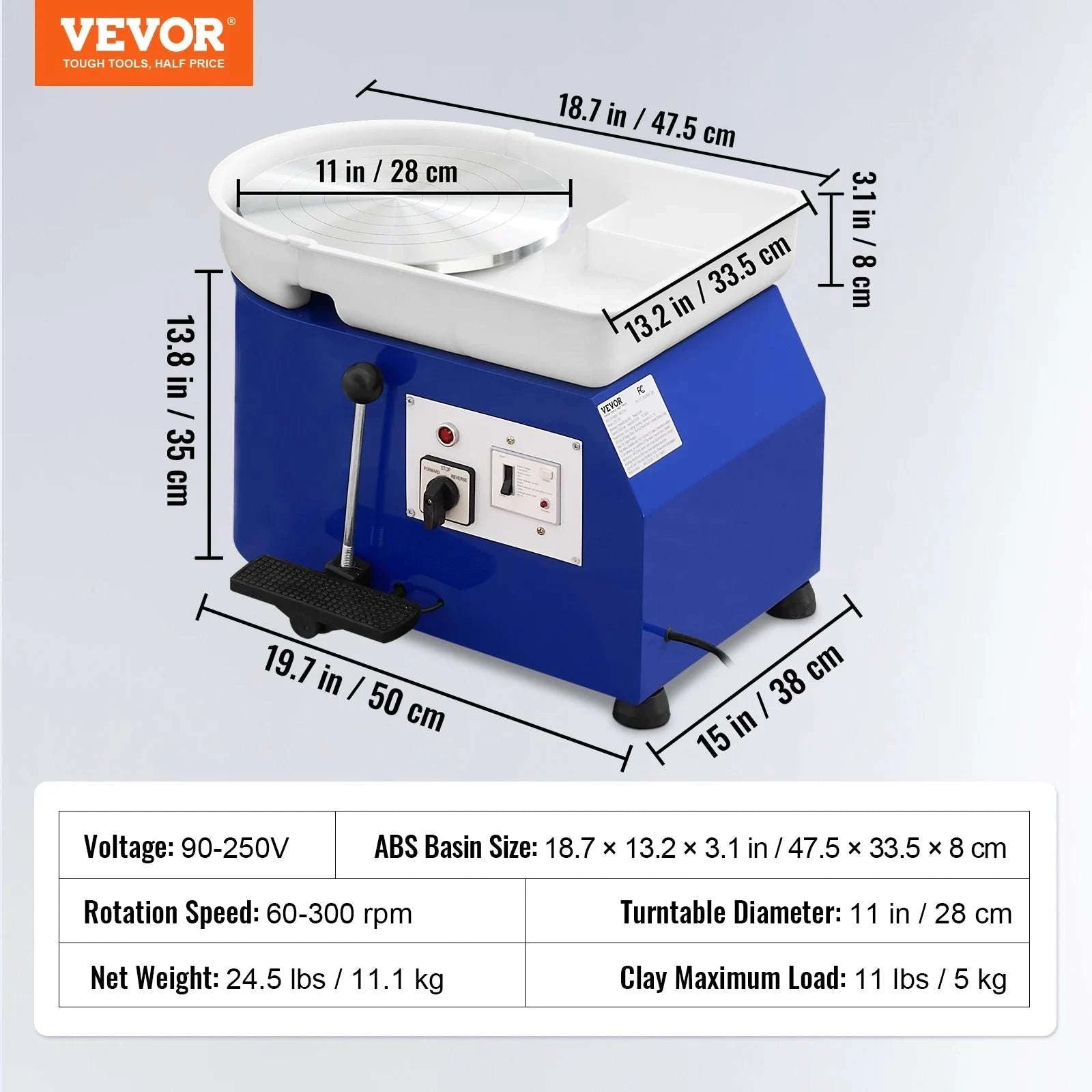 11in Pottery Wheel Machine 350W with Foot Pedal Adjustable Speed-450W 8kg Blue / france