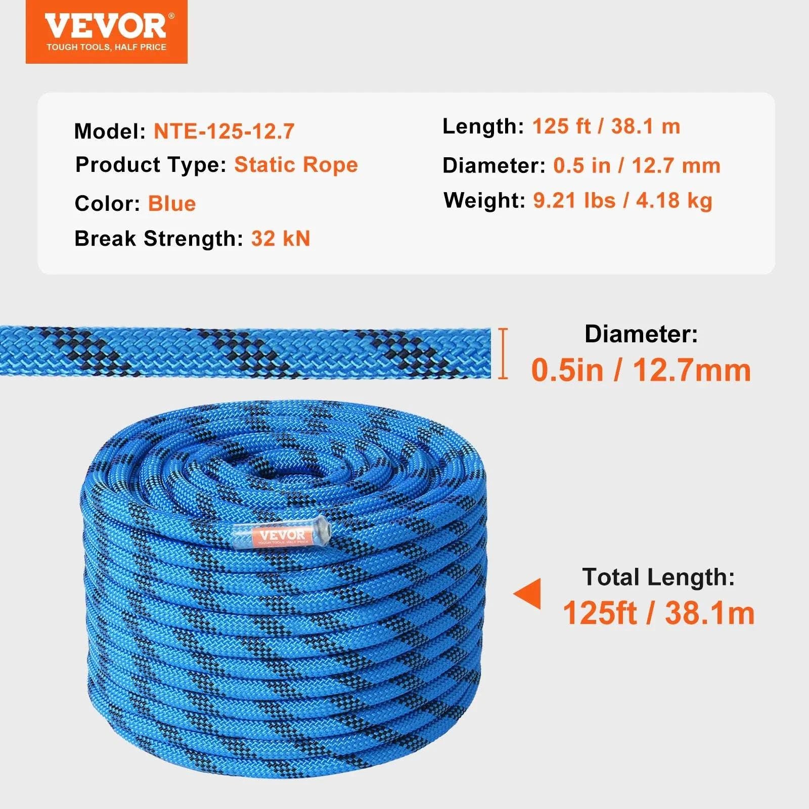 12.7mm Static Climbing Rope with 32kN Strength & Steel Hooks-150FT 12.7MM / United States