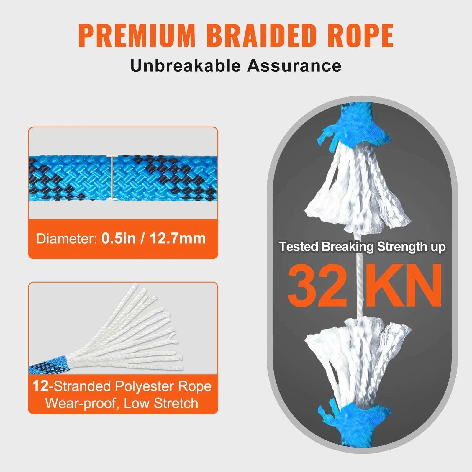 12.7mm Static Climbing Rope with 32kN Strength & Steel Hooks-150FT 12.7MM / United States