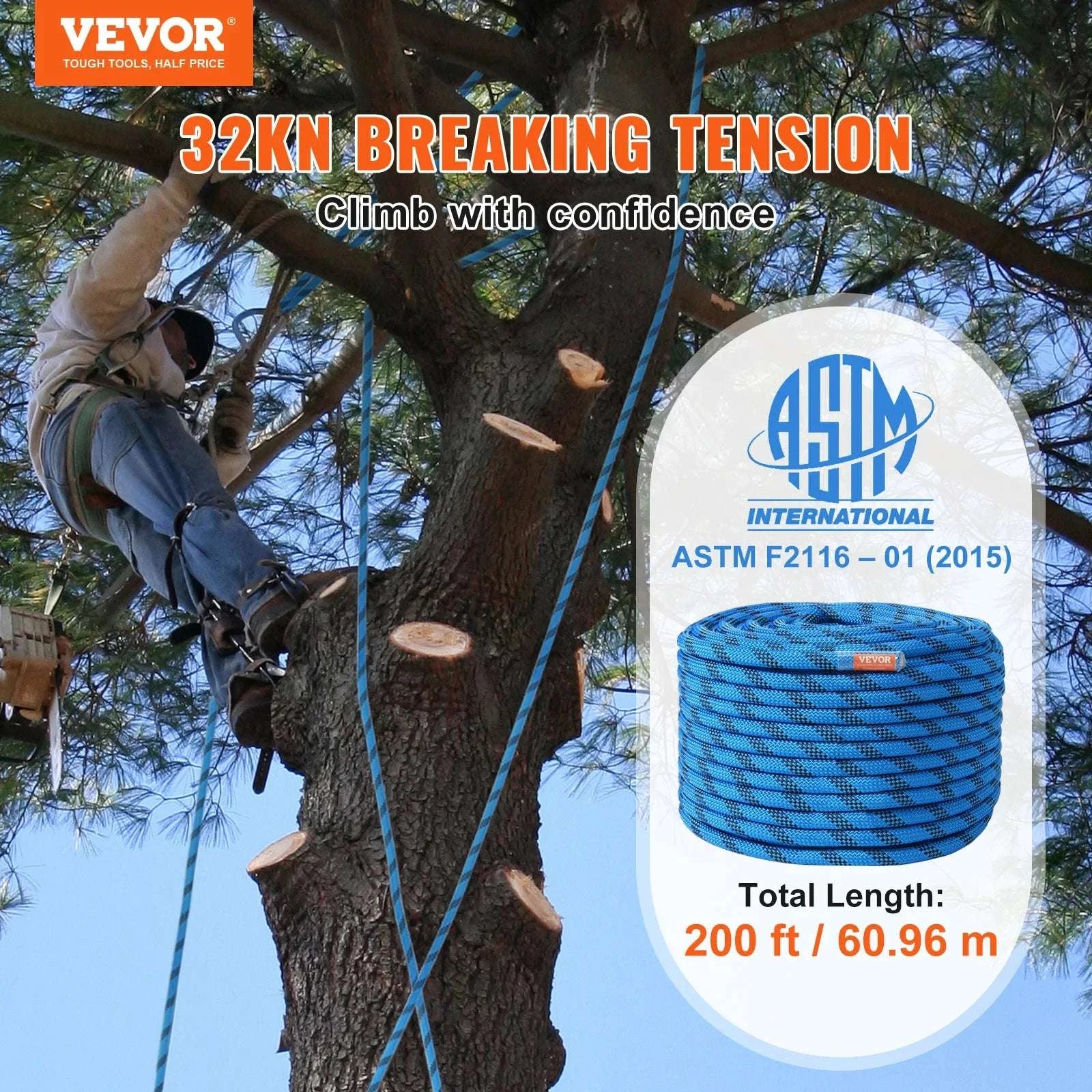 12.7mm Static Climbing Rope with 32kN Strength & Steel Hooks-150FT 12.7MM / United States