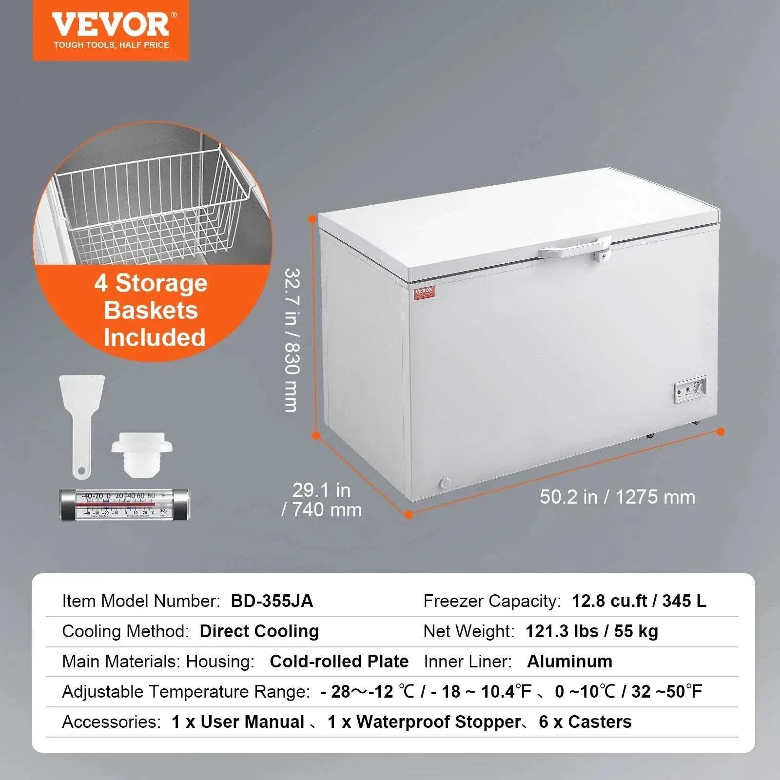 12.8 Cu.ft Chest Freezer with Baskets, Lock Lid & Adjustable Temp-2VLR / United States