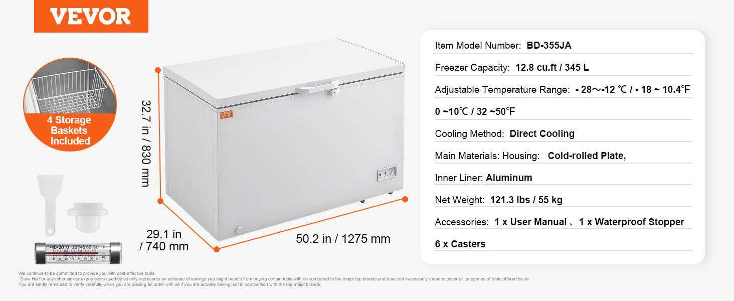 12.8 Cu.ft Chest Freezer with Baskets, Lock Lid & Adjustable Temp-2VLR / United States