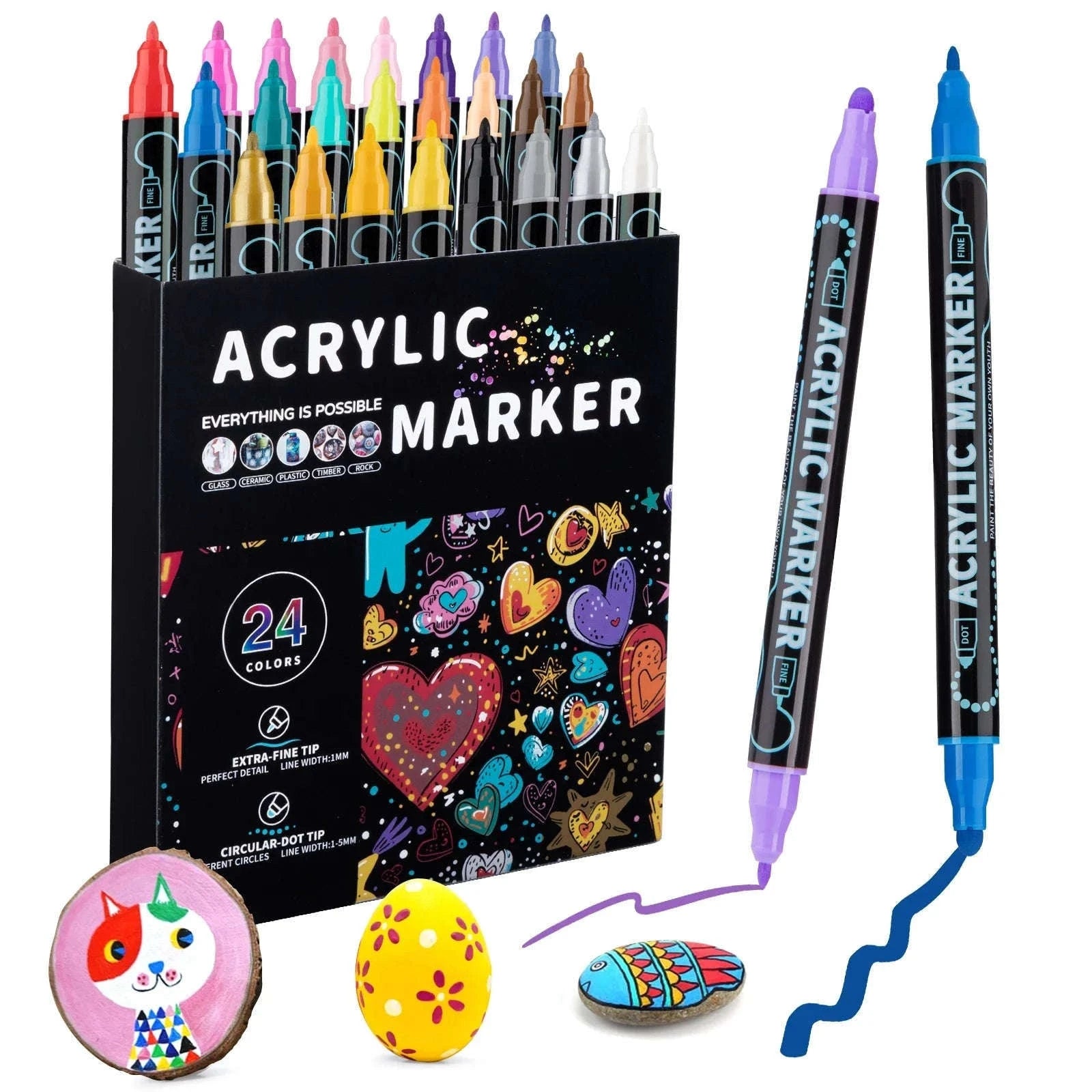 12-Color Dual-Tip Acrylic Paint Pens Set for Crafts-48 colors