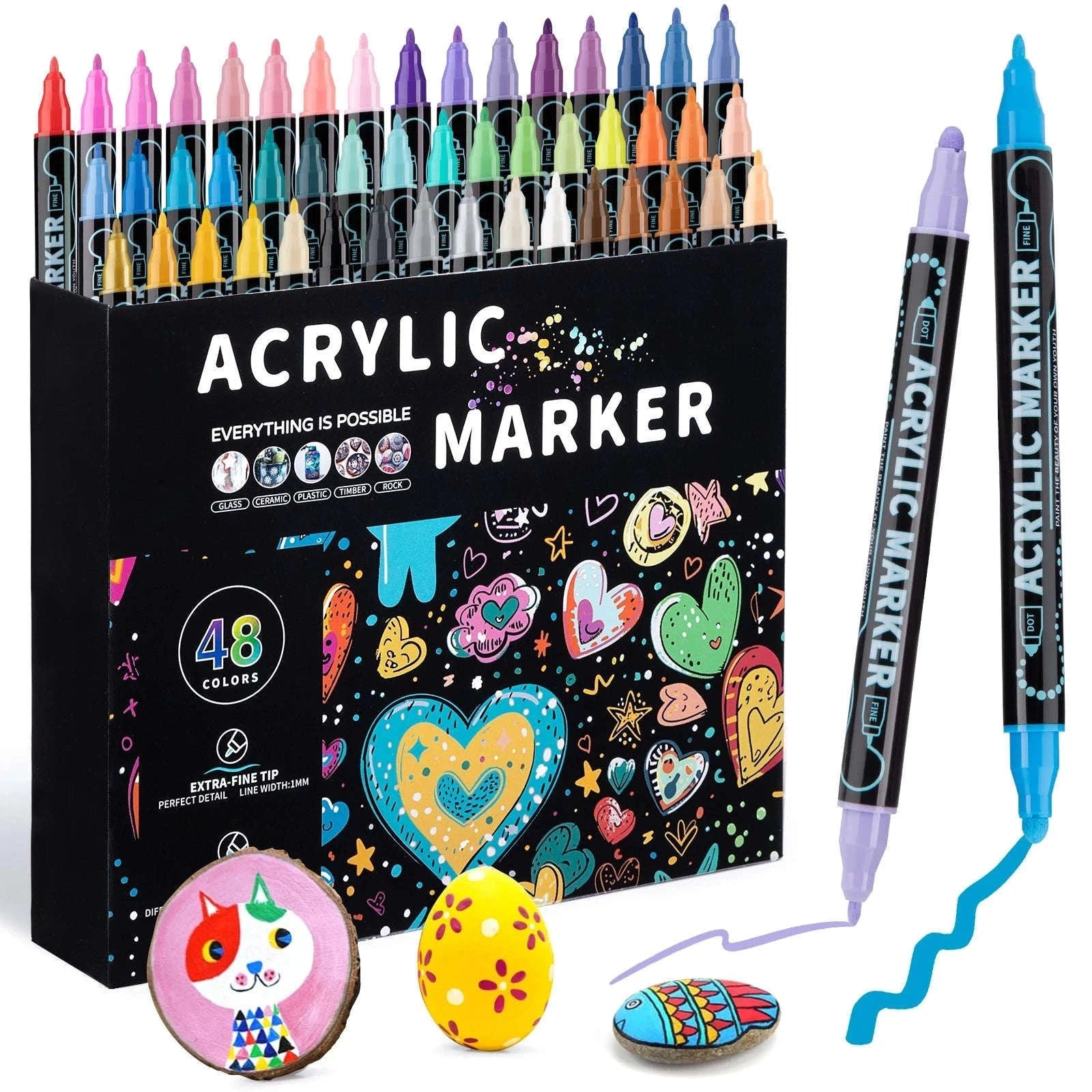 12-Color Dual-Tip Acrylic Paint Pens Set for Crafts-48 colors