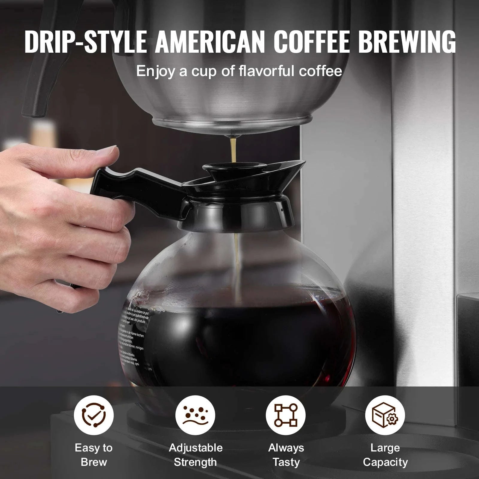 12-Cup Commercial Drip Coffee Maker with 3 Glass Carafes and 3 Warming Plates-110V / United States