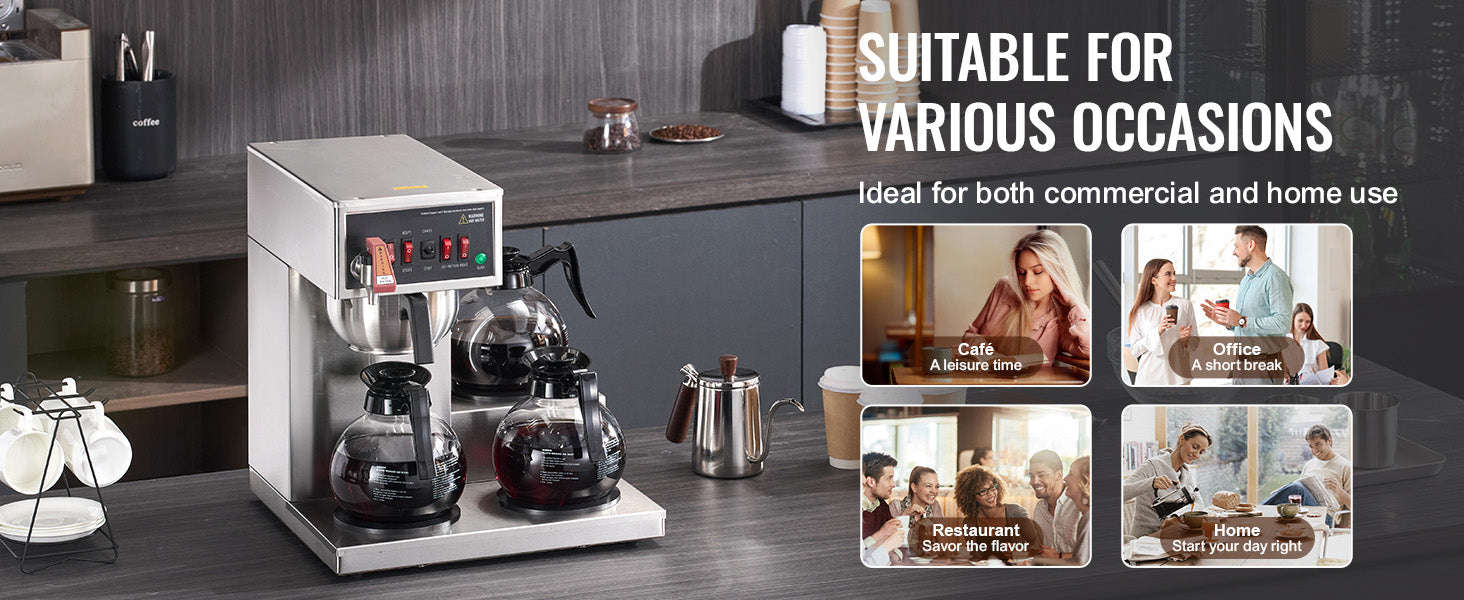 12-Cup Commercial Drip Coffee Maker with 3 Glass Carafes and 3 Warming Plates-110V / United States