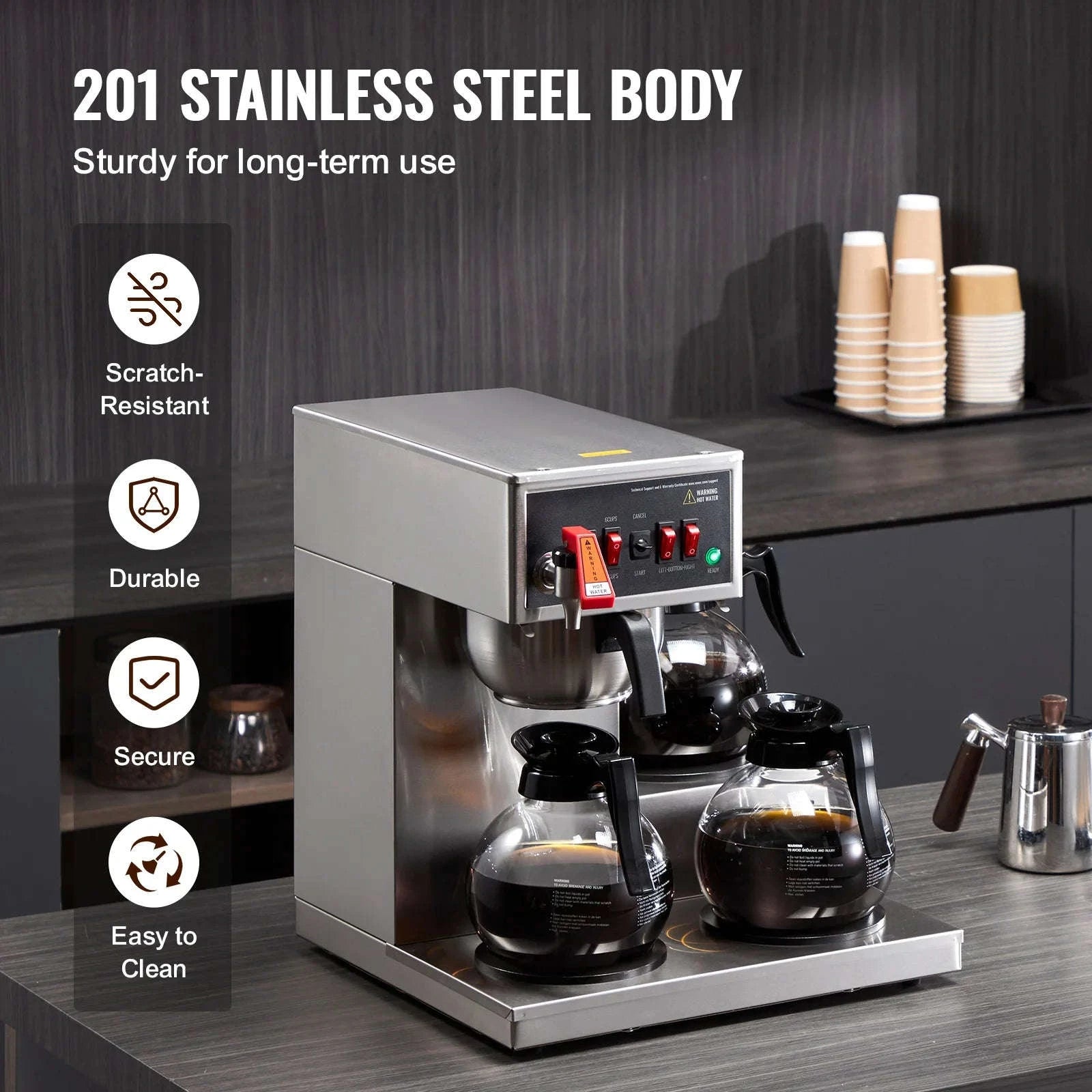12-Cup Commercial Drip Coffee Maker with 3 Glass Carafes and 3 Warming Plates-110V / United States