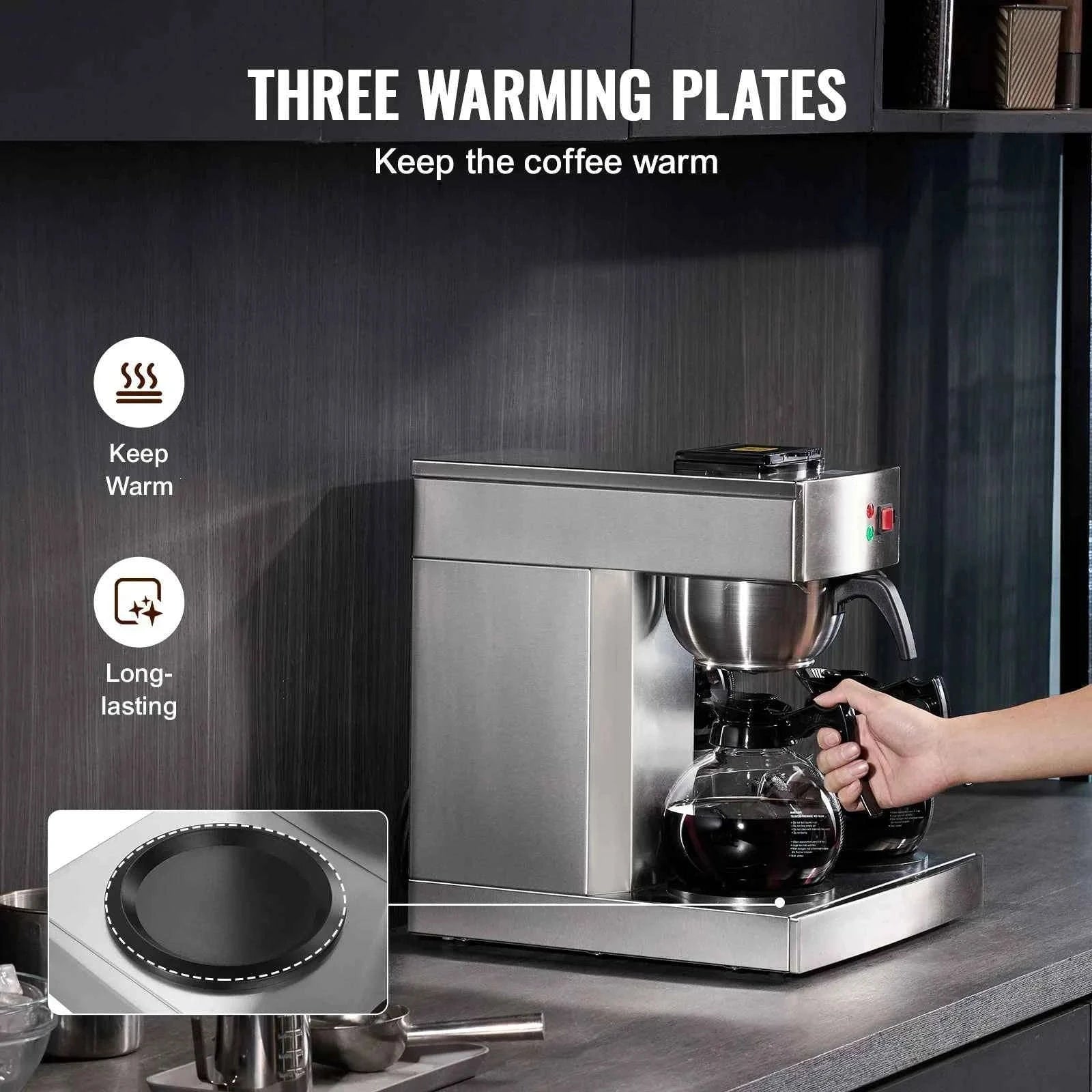 12-Cup Commercial Drip Coffee Maker with 3 Glass Carafes and 3 Warming Plates-3 Warmer Plates / United States