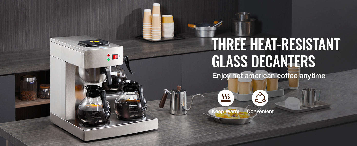 12-Cup Commercial Drip Coffee Maker with 3 Glass Carafes and 3 Warming Plates-3 Warmer Plates / United States