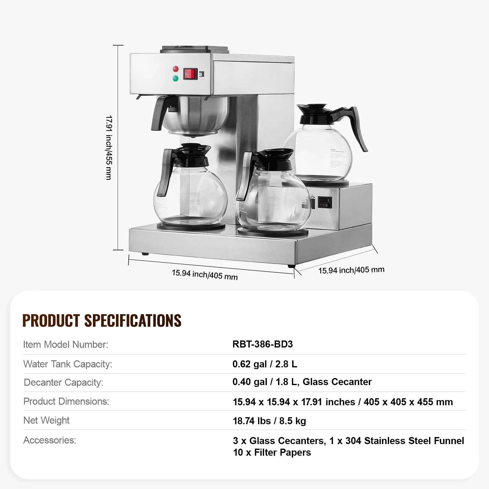 12-Cup Commercial Drip Coffee Maker with 3 Glass Carafes and 3 Warming Plates-3 Warmer Plates / United States