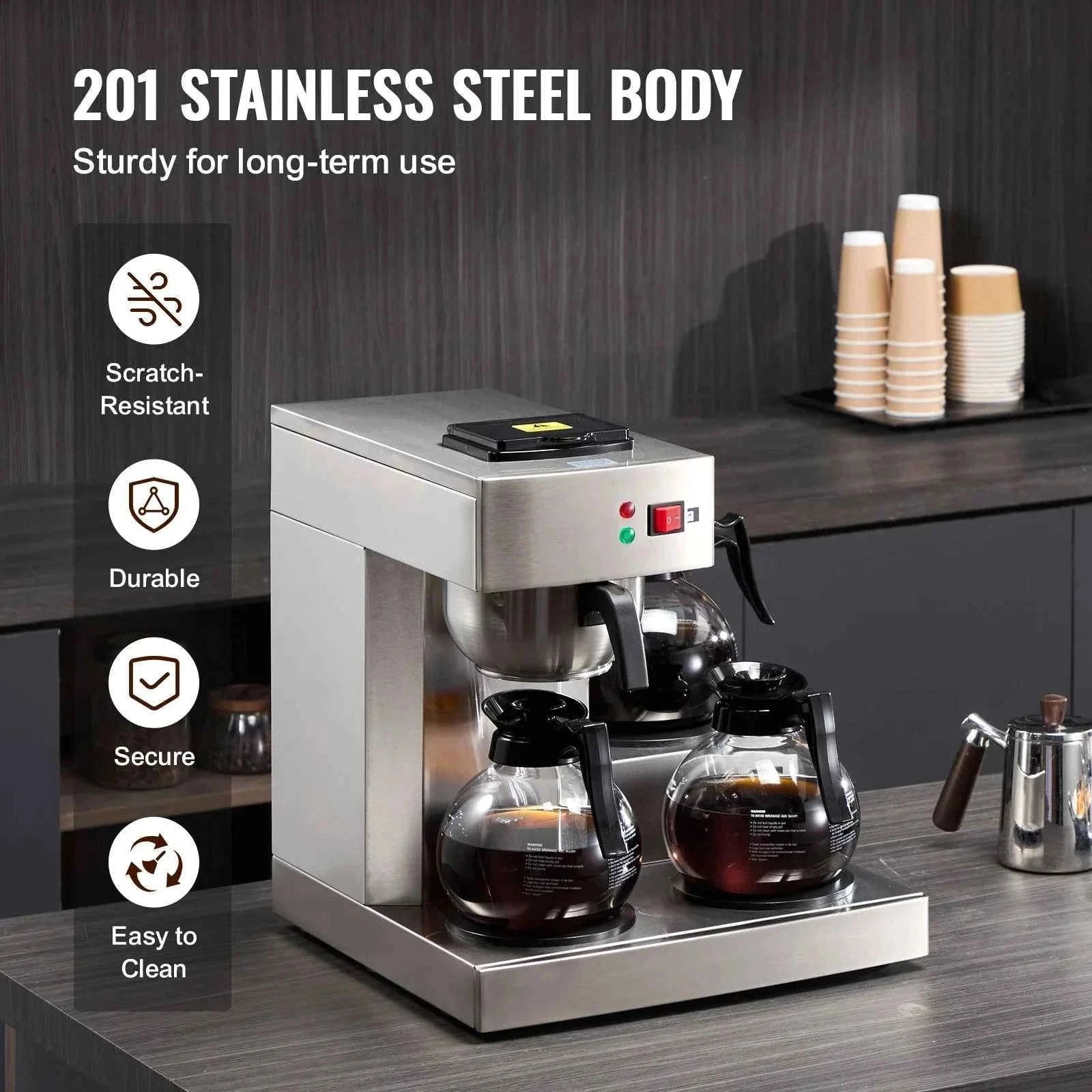 12-Cup Commercial Drip Coffee Maker with 3 Glass Carafes and 3 Warming Plates-3 Warmer Plates / United States