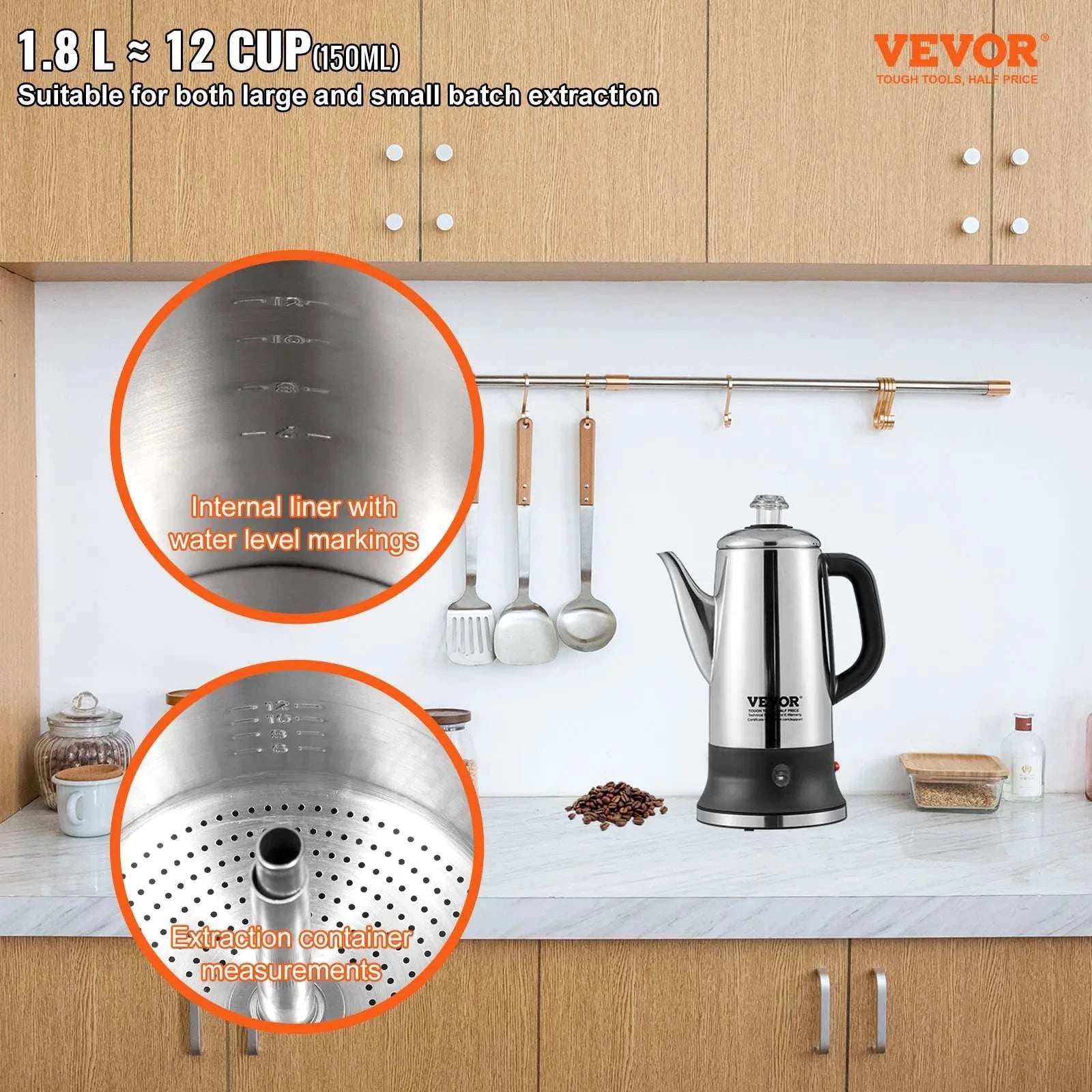 12-Cup Electric Coffee Percolator 1.8L Stainless Steel with Keep Warm-1.8L 1000W / United States