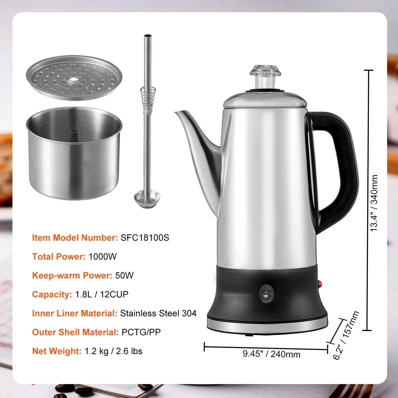 12-Cup Electric Percolator Coffee Pot with Keep Warm-1.8L 1000W / United States