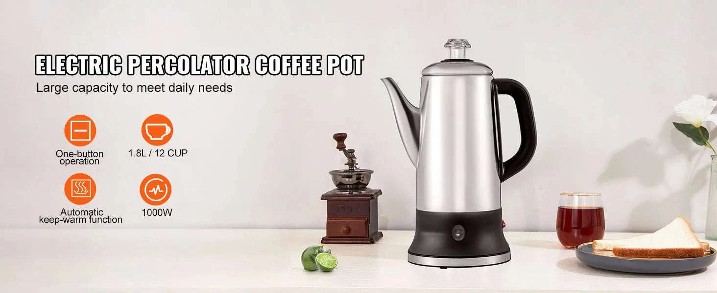 12-Cup Electric Percolator Coffee Pot with Keep Warm-1.8L 1000W / United States