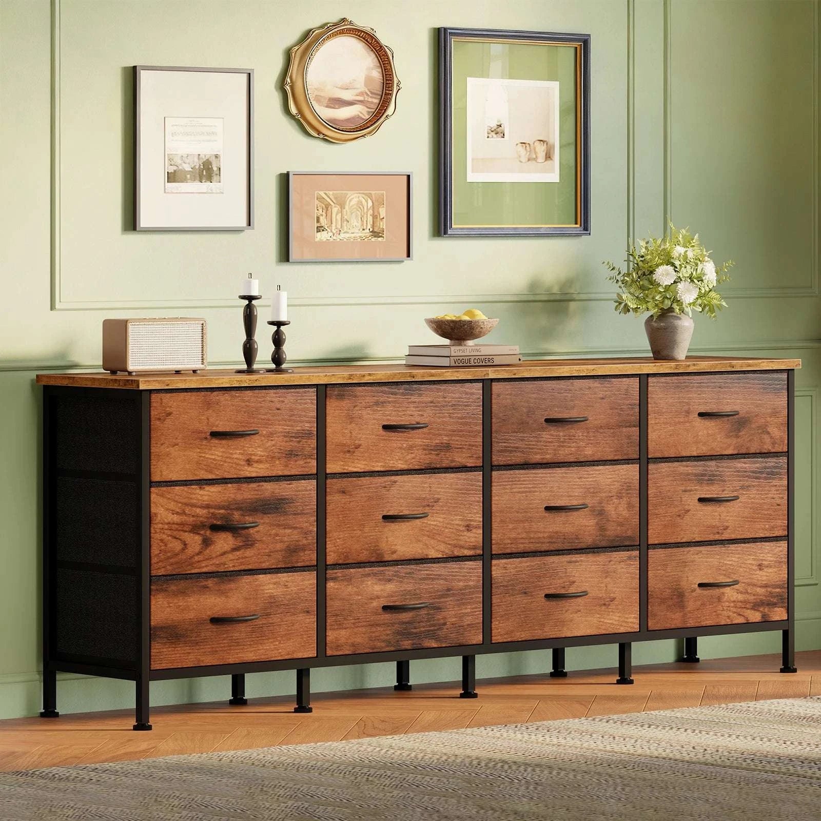 12 Drawer Fabric Storage Cabinet TV Stand with Wood Top-Gray / United States