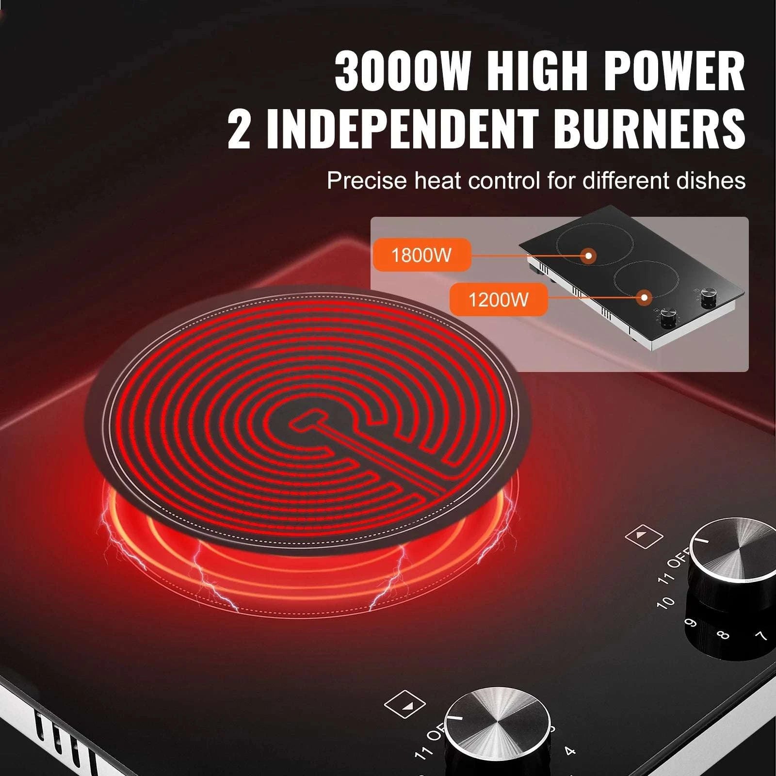 12-Inch Electric Cooktop 2 Burners Ceramic Stove with Knob Control-12inch 1800W / United States
