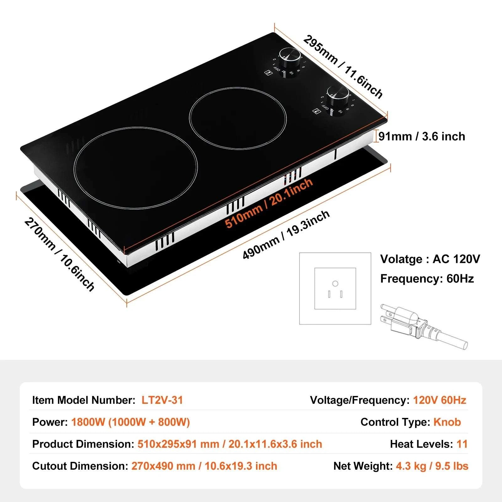 12-Inch Electric Cooktop 2 Burners Ceramic Stove with Knob Control-12inch 1800W / United States