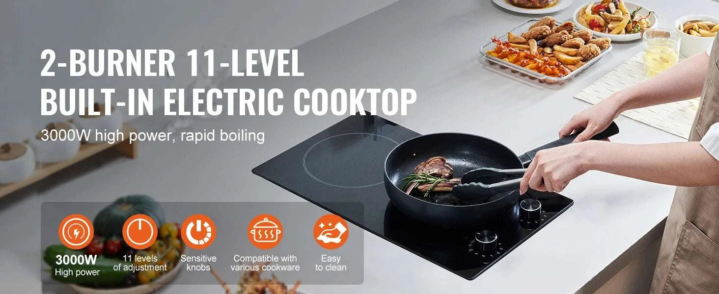 12-Inch Electric Cooktop 2 Burners Ceramic Stove with Knob Control-12inch 1800W / United States
