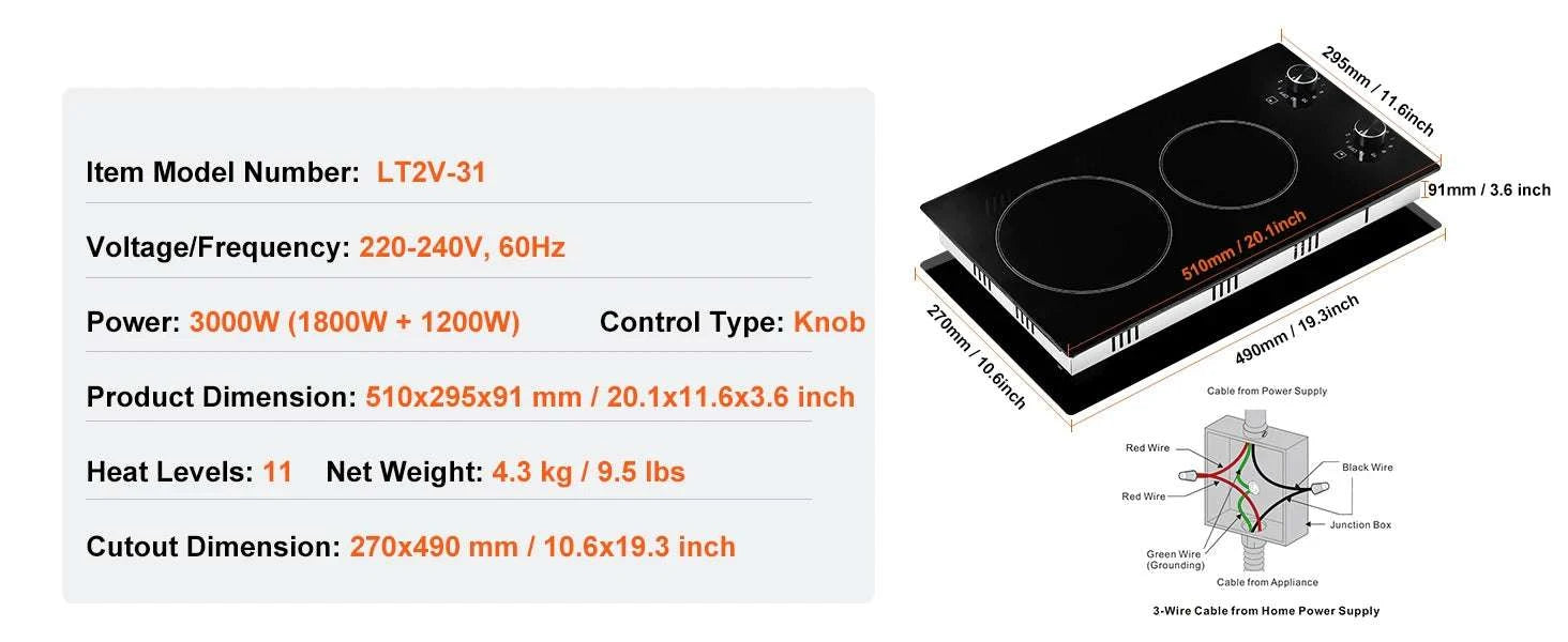 12-Inch Electric Cooktop 2 Burners Ceramic Stove with Knob Control-12inch 1800W / United States
