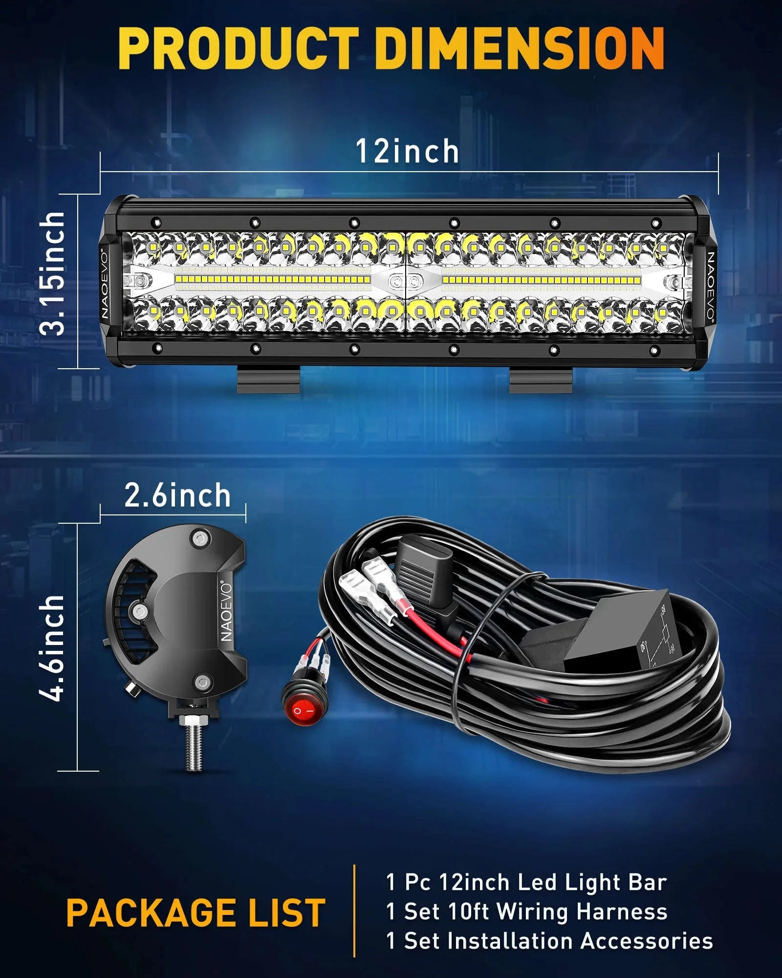 12 Inch LED Work Light Bar 300W 30000LM Combo Beam IP68 6500K-with wire harness