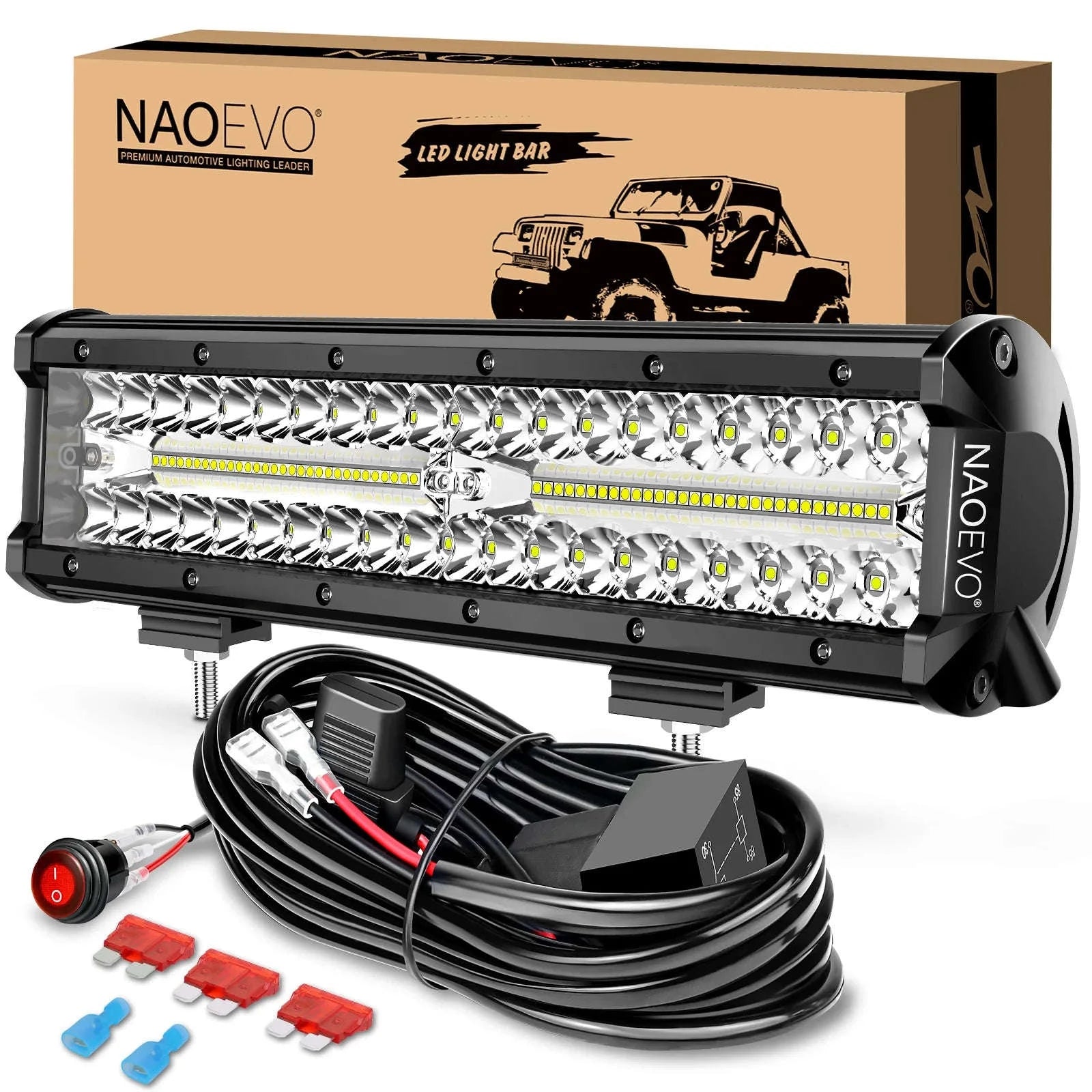 12 Inch LED Work Light Bar 300W 30000LM Combo Beam IP68 6500K-with wire harness