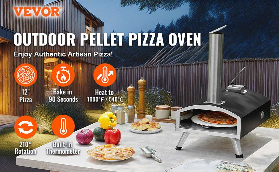 12-Inch Outdoor Pizza Oven with Rotating Stone & Tri-Fuel Cooking-United States