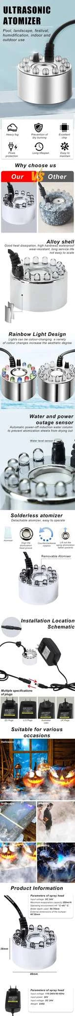 12 LED Ultrasonic Mist Maker Fogger for Pond, Fountain & Party Decor-AU Plug