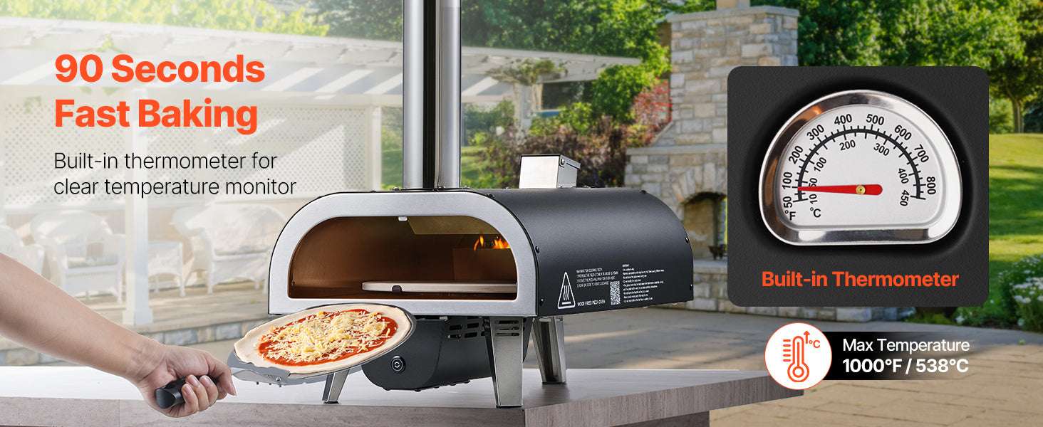 12" Outdoor Wood Fired Pizza Oven with Rotating Stone & Thermometer-Pellet Gas / United States