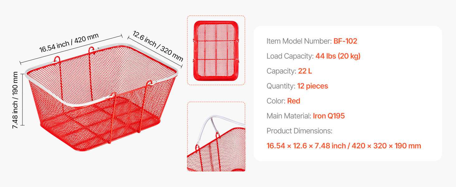 12 Pack 22L Stackable Metal Shopping Baskets with Handles-12 PCS / United States