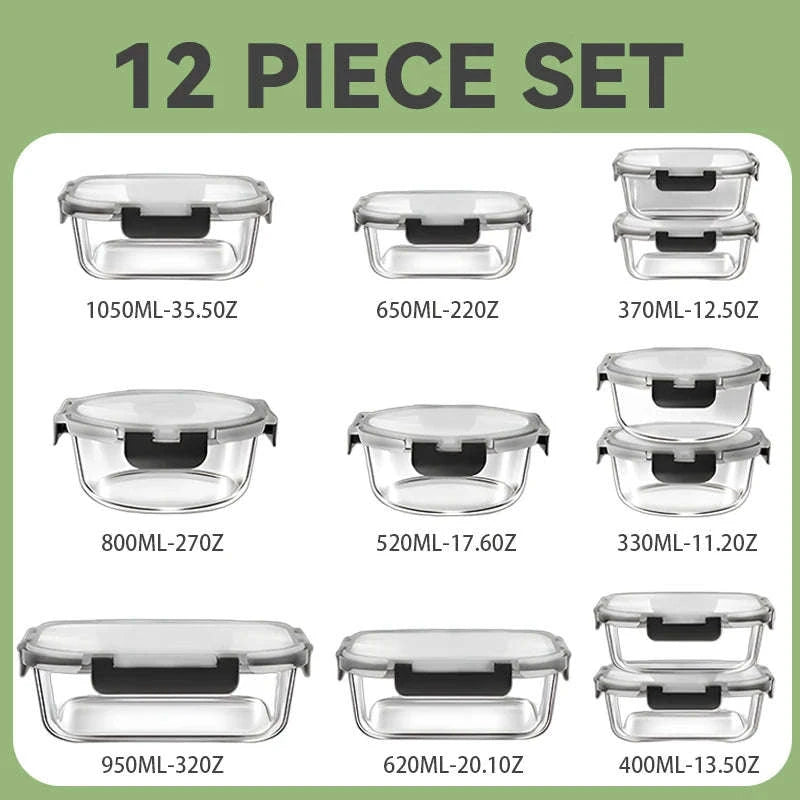 12-Piece Glass Meal Prep Containers with Airtight Leak-Proof Lids-Black / United States