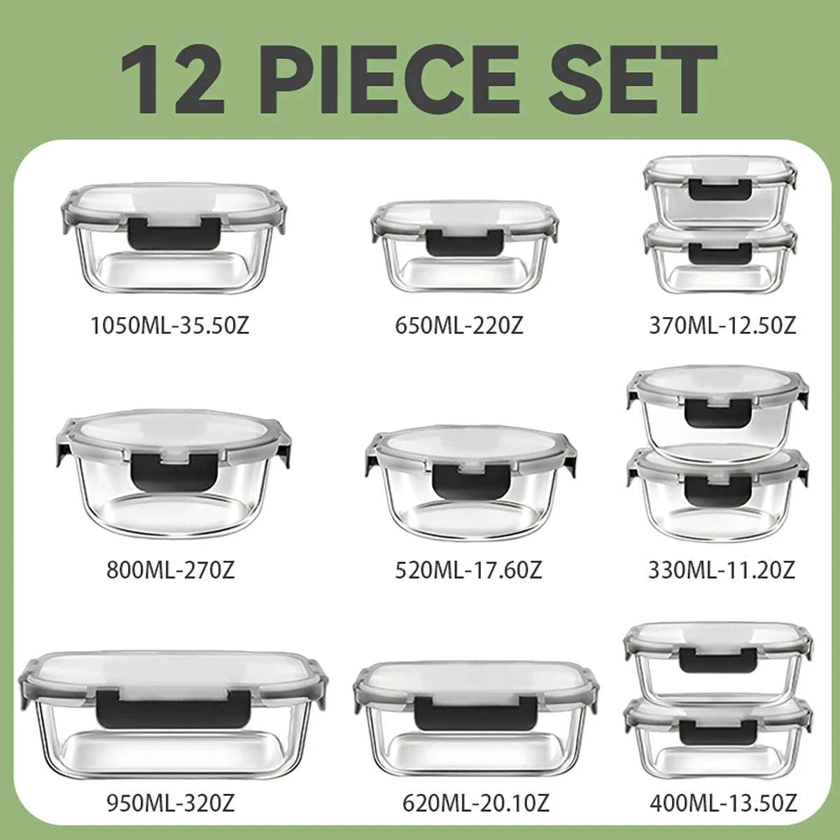 12-Piece Glass Meal Prep Containers with Airtight Leak-Proof Lids-Black / United States