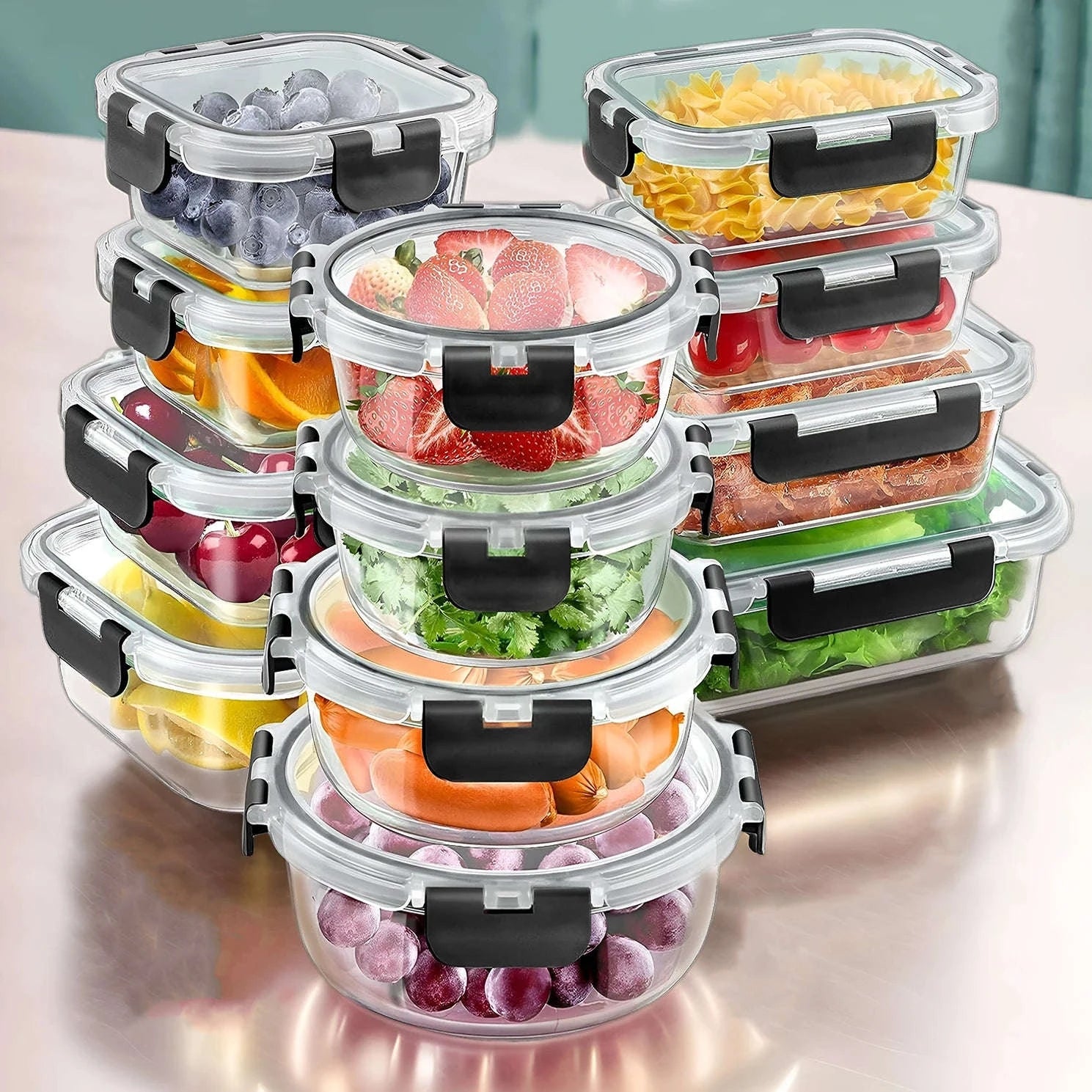 12-Piece Glass Meal Prep Containers with Airtight Leak-Proof Lids-Black / United States