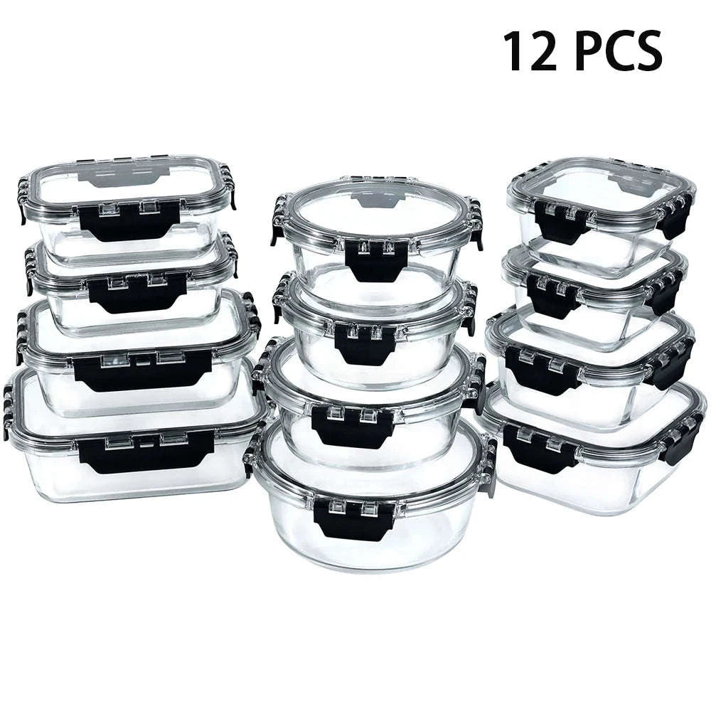 12-Piece Glass Meal Prep Containers with Airtight Leak-Proof Lids-Black / United States